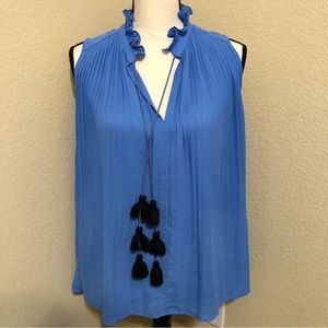 LOFT Blue Flowy Ruffle Tie Tassel Cut Out Sleeveless Blouse